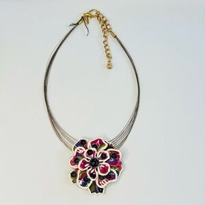Chico's Multicolor Painted Porcelain Flower Pendant Illusion Wire Necklace